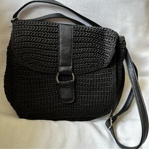 Crochet Shoulder Or Crossbody Bag Black Faux Leather Trim Adjustable NWOT